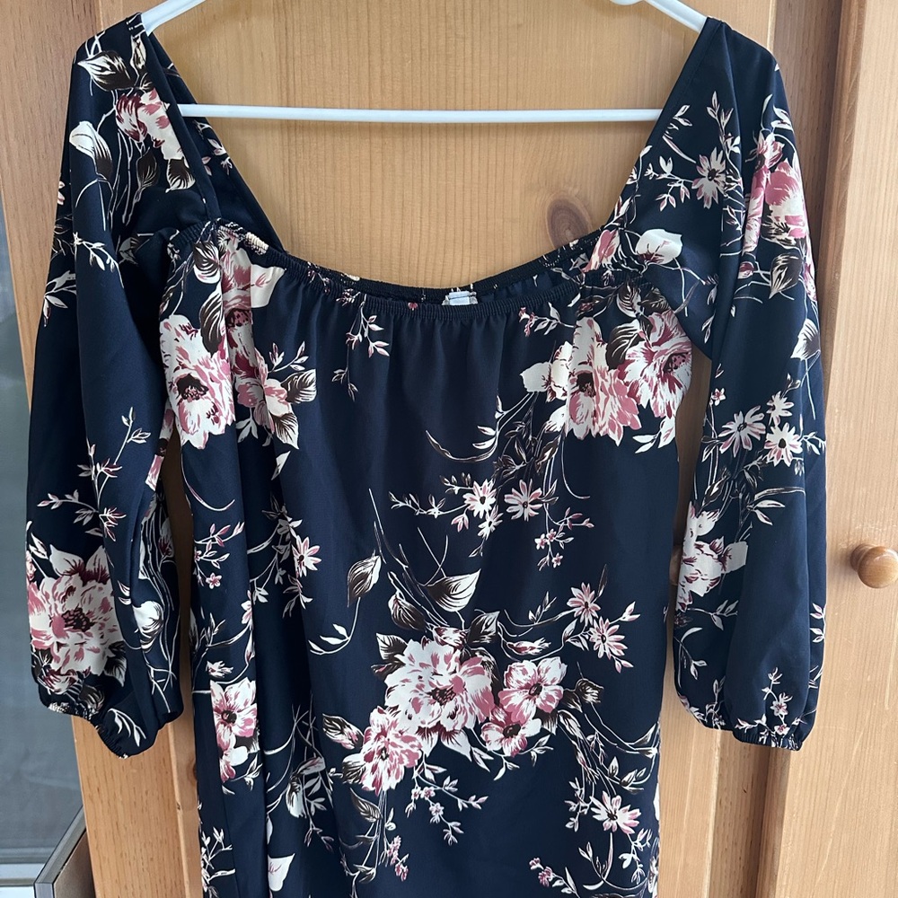 Floral Black Dress with Pink and White Accents